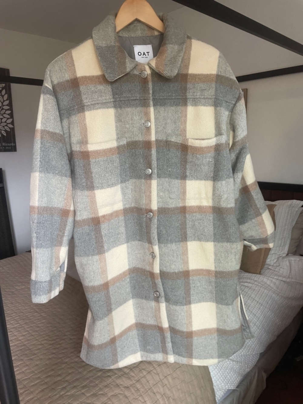 Plaid long Shacket in Gray, Cream & Brown